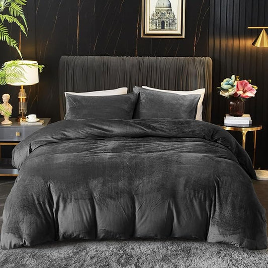 Ivellow Velvet Duvet Cover King Set Charcoal Gray Velvet Duvet Cover King Comforter Cover 3Pcs Ultra Soft Duvet Cover Breathable Solid Luxury Flannel Velour Duvet Cover Zipper Closure Corner Tie