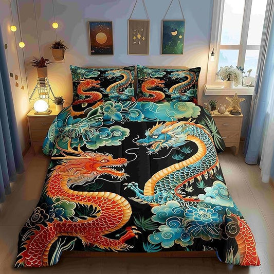 Chinese Loong Comforter Set,Propitious Cloud Bedding Set for Kids Teens,Wild Animals Dragon Quilt Set,Duvet Insert 2 Pcs with 1 Pillowcase,Toddler
