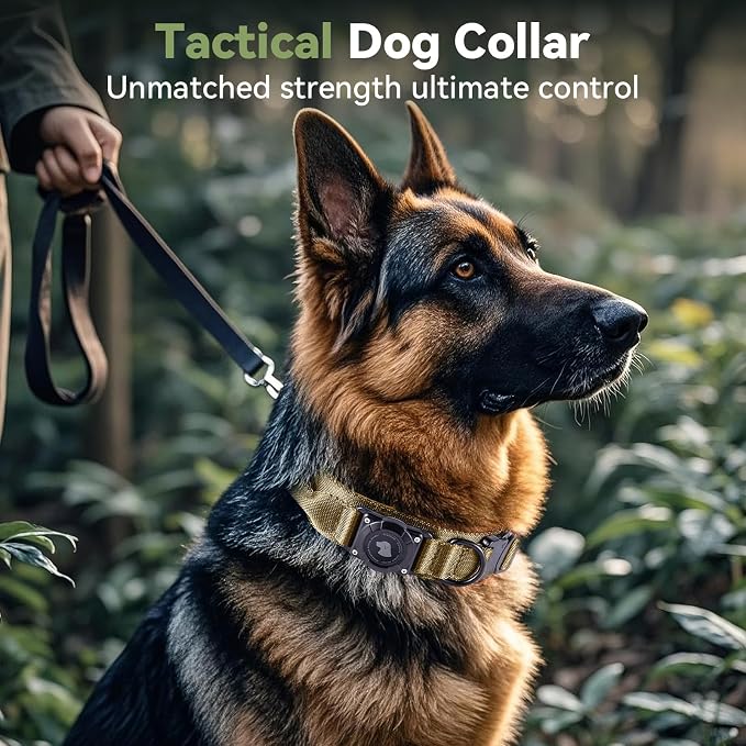 2026 Upgrade Waterproof Tactical AirTag Dog Collar, Built in AirTag Holder | Comfortable Control Handle, Quick Release Metal Buckle, Durable 1000D Nylon, For Medium to Large Dogs, Khaki, L