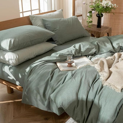 MooMee Bedding Duvet Cover Set 100% Washed Cotton Linen Like Textured Breathable Durable Soft Comfy (Heathered Green, Cal King 104"x98")