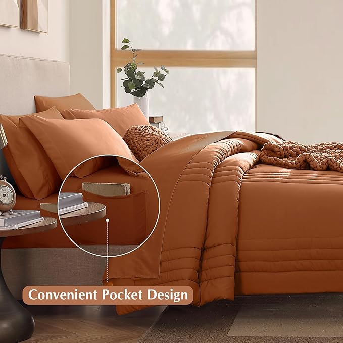 Monbix Super King Size Comforter Set - 7 Pieces Burnt Orange Bed in a Bag Super King Bedding Sets with Comforters, All Seasons Comforter Bed Set with Sheets,Pillowcases & Shams