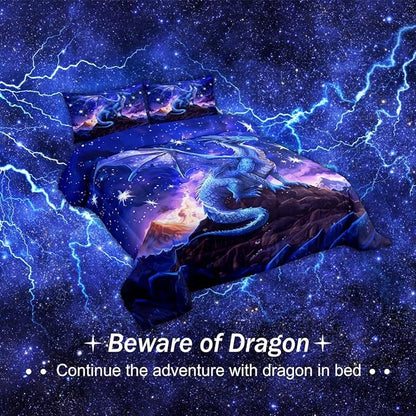 Dragon Comforter Set Queen Size,Starry Sky Mountains Bedding Set for Kids Girls Boys Room Decor,Blue Purple Western Magical Quilt Set 3Pcs,Wild Animal Trippy Duvet Insert,2 Pillowcases