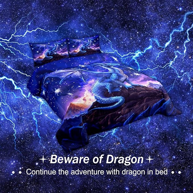 Dragon Comforter Set Twin Size,Starry Sky Mountains Bedding Set for Kids Girls Boys Room Decor,Blue Purple Western Magical Quilt Set 2Pcs,Wild Animal Trippy Duvet Insert,1 Pillowcase