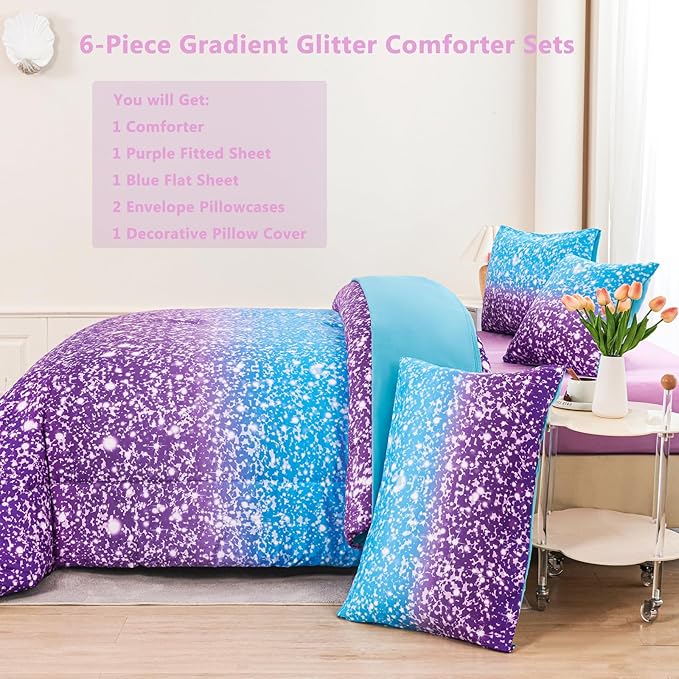 RYNGHIPY Blue Purple Girls Bedding Set 3D Colorful Galaxy Starry Comforter Sets for Girls Kids Queen Lightweight Soft Rainbow Bed in A Bag