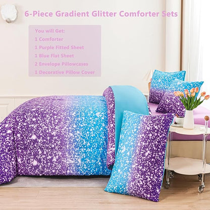 RYNGHIPY Blue Purple Girls Bedding Set 3D Colorful Galaxy Starry Comforter Sets for Girls Kids Full Lightweight Soft Rainbow Bed in A Bag