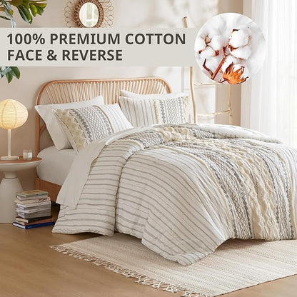 INK+IVY Comforter for Queen Size Bed, Chenille Tufted, Breathable Cotton Comforter Set Queen, All Season Modern Boho Comforter with Farmhouse Bedding Flare, 2 Matching Shams, Queen Ivory 3 Piece