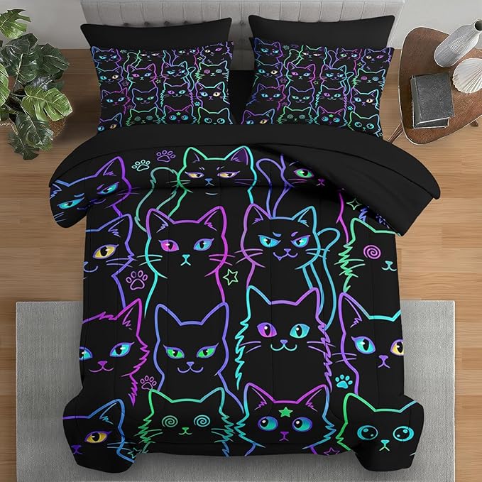 7 Pcs King Size Comforter Set with 2 Pillowcases & 2 Shams, Cute Cat Halloween Bedding Set for Kids and Adults, Neon Funny Gothic Bed in a Bag with Flat Sheet and Fitted Sheet
