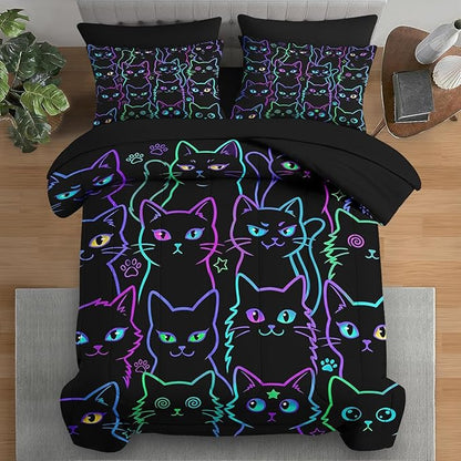 7 Pcs King Size Comforter Set with 2 Pillowcases & 2 Shams, Cute Cat Halloween Bedding Set for Kids and Adults, Neon Funny Gothic Bed in a Bag with Flat Sheet and Fitted Sheet