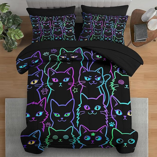 7 Pcs King Size Comforter Set with 2 Pillowcases & 2 Shams, Cute Cat Halloween Bedding Set for Kids and Adults, Neon Funny Gothic Bed in a Bag with Flat Sheet and Fitted Sheet