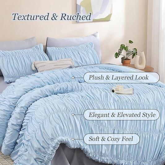 weigelia Cinched Comforter Set Full – Soft Ruched Bedding Set, 3PCS Light Blue All-Season Fluffy Lightweight Comforter with Pillowcases for Bedroom, Apartment & Dorm Decor