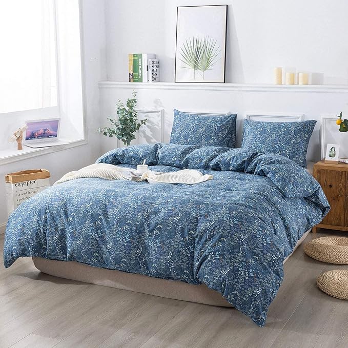 VM VOUGEMARKET Blue Floral Comforter Set Twin XL 3 Pcs Vintage Flower Botanical Pattern Comforter Set, All Season Soft & Lightweight Comforter for Teen Girls 68"x90"
