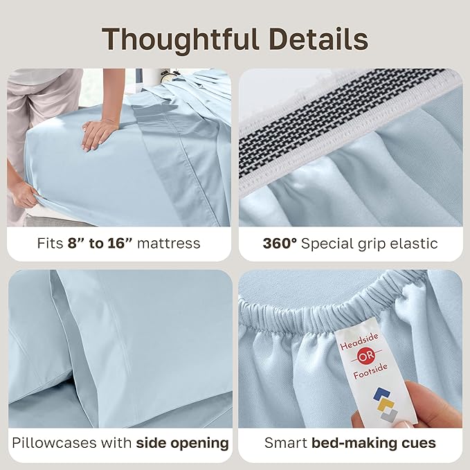 California Design Den King Sheet Set - Luxury 800 Thread Count Sateen, Natural 100% Cotton King Size Sheets Deep Pocket Set for a Snug Fit, Durable Bedding - Blue (Grey Tone)