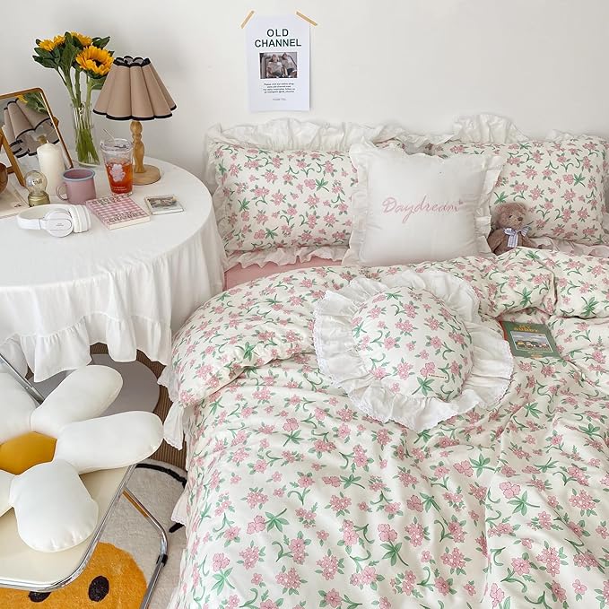 HighBuy White Lace Comforter Set Queen Pink Floral Bedding Set Ruffled Lace Comforter with 2 Ruffle Pillowcases Coquette Cottagecore Comforter Sets for Women Girls,Quilted,Cozy Soft