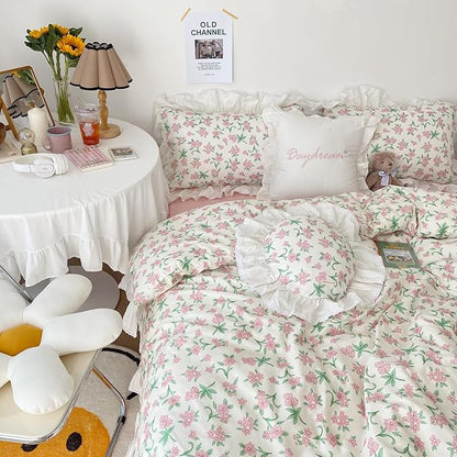 HighBuy White Ruffle Comforter Set Twin XL with Blush Flower Romantic Lace Comforter with 2 Ruffle Lace Pillowcases Coquette Cottagecore Bedding Set 3 Piece Shabby Chic Floral Comforter Sets
