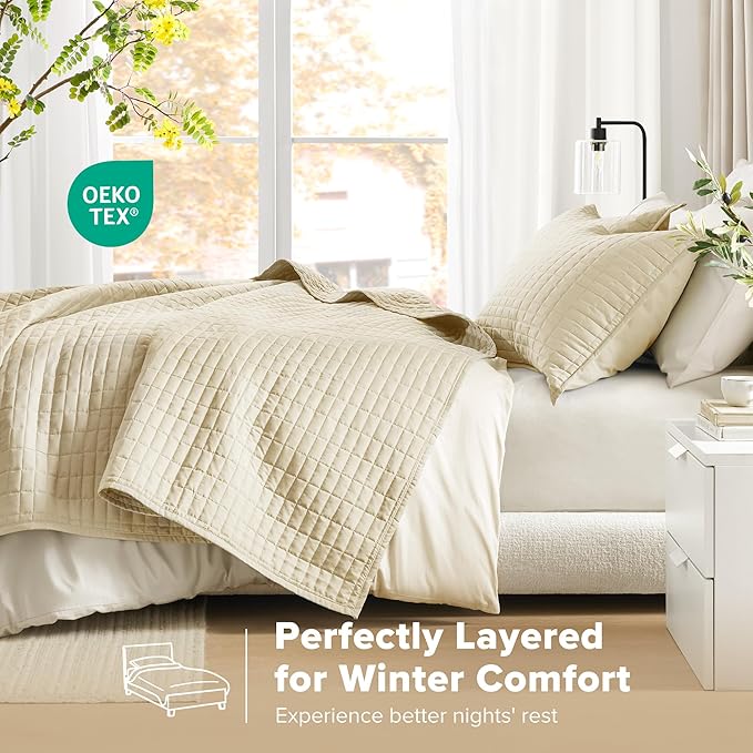 Comfort Spaces Kienna Quilt Set- Double Sided Stitching Design Summer Blanket, Lightweight, Soft, All Season Bedding Layer, Matching Sham, Ivory, Coverlet King (104"x90") 3 Piece