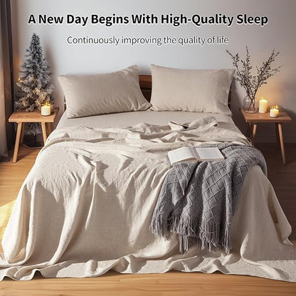 LBRO2M 100% Pure Linen Sheet Set Deep Pocket Up to 16" Bed Sheets Sets, Natural Flax Beddings Soft, Breathable, Comfortable for All Seasons Twin XL Size, Linen
