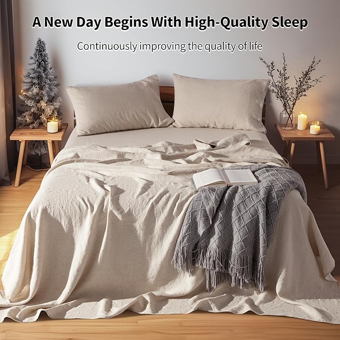 LBRO2M 100% Pure Linen Sheet Set Deep Pocket Up to 16" Bed Sheets Sets, Natural Flax Beddings Soft, Breathable, Comfortable for All Seasons 4 Pcs Sheet Set King Size, Linen Color