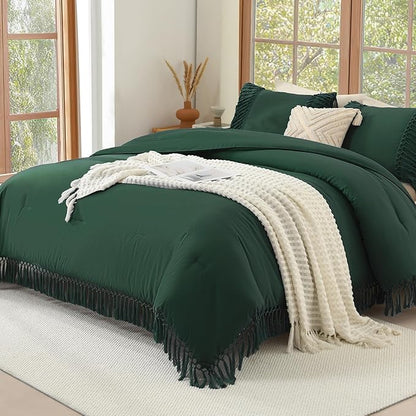 Andency Emerald Comforter Set California King, 3 Pieces Boho Tassel Lightweight Soft Bedding Comforter Sets for King Bed, All Season Fluffy Fringe Bed Set (104x96In Comforter & 2 Pillowcases)