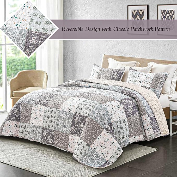 Whale Flotilla Patchwork Quilts Queen Size, Extra Soft Boho Floral Bedspreads for Bed Reversible Lightweight Full Queen Quilt Bedding Set Printed Coverlets with 2 Pillow Shams for All Seasons, Grey