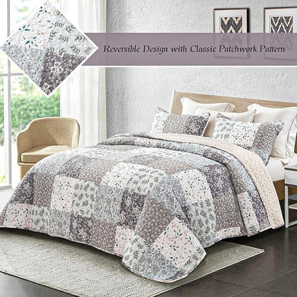 Whale Flotilla Patchwork Quilts Queen Size, Extra Soft Boho Floral Bedspreads for Bed Reversible Lightweight Full Queen Quilt Bedding Set Printed Coverlets with 2 Pillow Shams for All Seasons, Grey