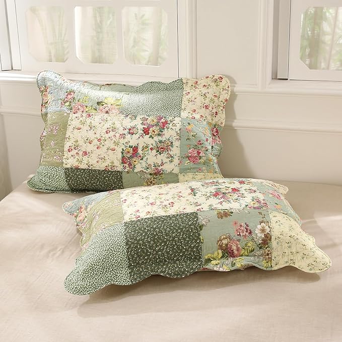 vctops Boho Patchwork Cotton Quilted Bedspread Quilt Set Twin Size 2 Pieces Soft Reversible Lightweight Coverlet Set Floral Print 1 Quilt and 1 Pillow Sham (Green D,Twin)