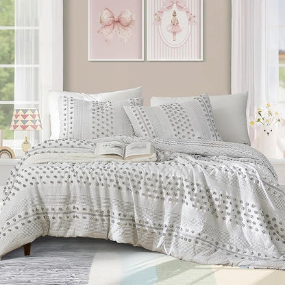 Geniospin Full Comforter Set 7 Pieces, Bed in A Bag with Comforter, Sheets, Pillowcases & Shams, Pom Tufted Design, All Season Down Alternative Bedding Sets