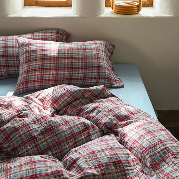 EAVD Vintage Style Red&Blue Gingham Duvet Cover Twin Soft 100% Cotton Muslin Yarn-Dyed Textured Retro Grid Plaid Bedding Set Reversible British-Style Gingham Bedding Set with Zipper Closure