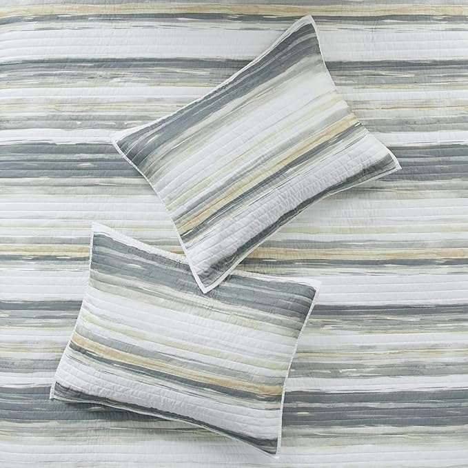 Madison Park Quilt Set Cottage Coastal Design, 6 Piece Set - All Season, Coverlet Bedspread Lightweight Bedding Layer, Shams, Toss Pillows, Full/Queen(90 in x 90 in), Yellow/Grey