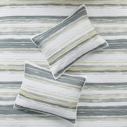 Madison Park Quilt Set Cottage Coastal Design, 6 Piece Set - All Season, Coverlet Bedspread Lightweight Bedding Layer, Shams, Toss Pillows, Full/Queen(90 in x 90 in), Yellow/Grey