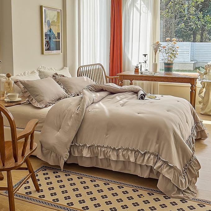 AIKASY Taupe Comforters Queen Size Set, Vintage Boho Chic Farmhouse Bedding Sets Shabby Ruffle Queen Bed Comforter Bedding 3PCS（1 Comforter and 2 Pillowcases）