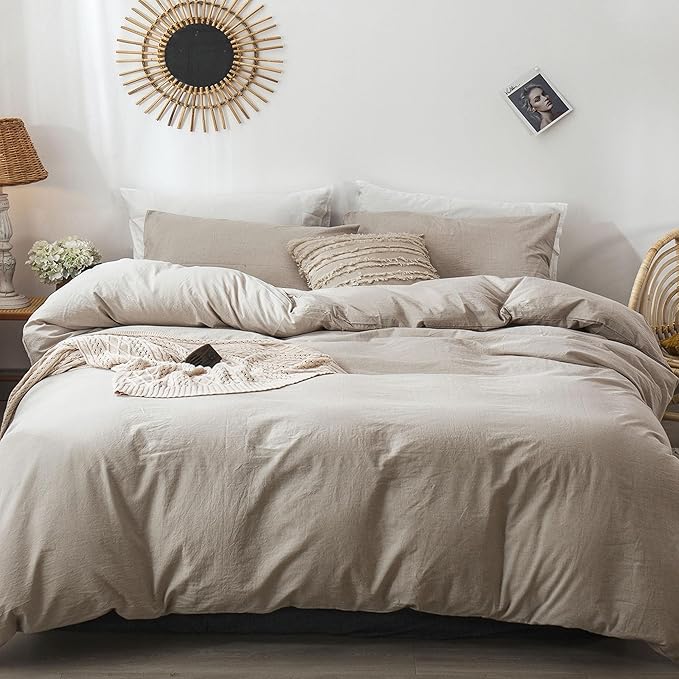 MooMee Bedding Duvet Cover Set 100% Washed Cotton Linen Like Textured Breathable Durable Soft Comfy (Heathered Tannish Linen Grey, Super King 108"x98")