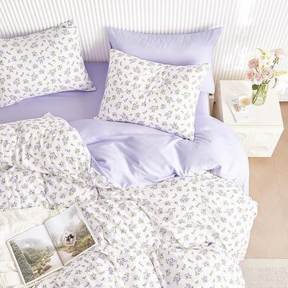 Wake In Cloud - Coquette Duvet Cover Set, Floral Cottagecore Flower Shabby Chic Cute Aesthetic, Soft Lightweight Bedding for Women Teen Girls, 3-Piece, White Purple, Twin/Twin XL Size
