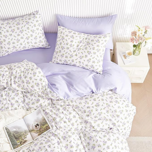 Wake In Cloud - Coquette Duvet Cover Set, Floral Cottagecore Flower Shabby Chic Cute Aesthetic, Soft Lightweight Bedding for Women Teen Girls, 3-Piece, White Purple, Full Size