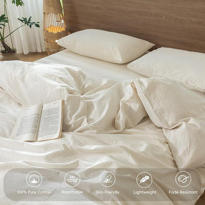 MooMee Striped Duvet Cover Set 100% Washed Cotton Linen Like Textured Breathable Durable Soft Comfy (Almond Milk Grey Pinstripes, Oversized Queen 98"x98")