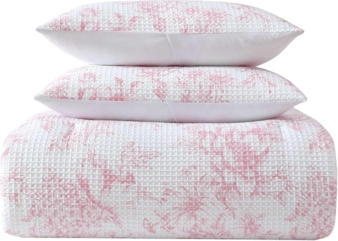 Laura Ashley - Comforter Set, Soft Poly Waffle Textured Bedding with Matching Shams, Delicate Floral Design (Delphine Pastel Pink, Full/Queen)