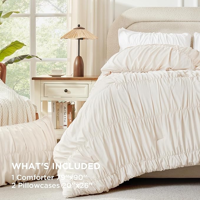 Andency Ruched Beige Full Size Comforter Sets, Shabby Chic Pleatd Bedding Sets 3 Pieces, Lightweight Soft Boho Ruffle Bed Set for Girls, Kids, Women, All Season