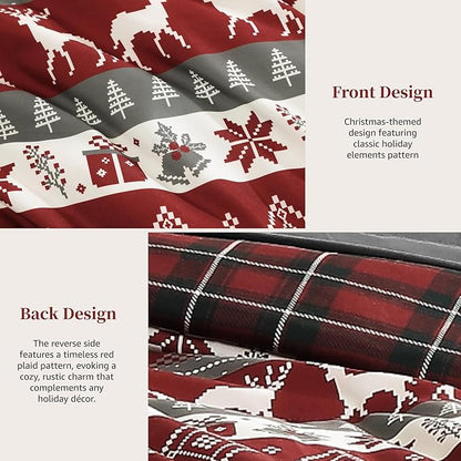 MaiRêve Christmas Twin XL Comforter Set, Red Reindeer Snowflake Bed Set for Holiday, Reversible Plaid Checkered Comforter Bed in a Bag, Soft Bedding Set 5 Pieces with Sheets, Pillowcase & Sham