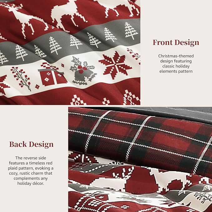 MaiRêve Christmas Queen Comforter Set, Red Reindeer Snowflake Bed Set for Holiday, Reversible Plaid Checkered Comforter Bed in a Bag, Soft Bedding Set 7 Pieces with Sheets, Pillowcases & Shams