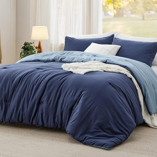 Bedsure Queen Comforter Set, Navy Blue Soft Prewashed Bedding for All Seasons, 3 Pieces GentleSoft™ Bed Set, 1 Lightweight Comforter (90"x90") and 2 Pillowcases (20"x26")