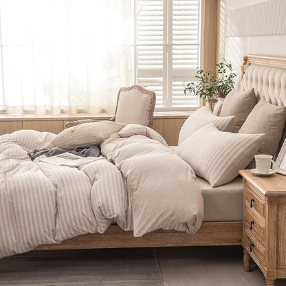 PURE ERA Jersey Knit Duvet Cover Set 100% T-Shirt Heather Cotton Super Soft Comfy Classic Striped Design, with Zipper Closure, Heather Beige Stripe, Full