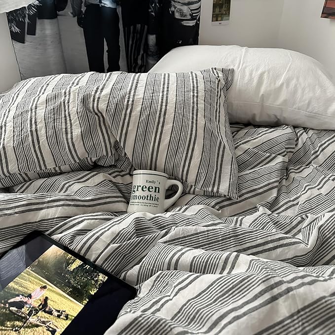 VM VOUGEMARKET Full Comforter Set Vintage Grey White Striped Dorm Bedding with Matching Pillowcases Lightweight Luxury Comforter for Boys Men
