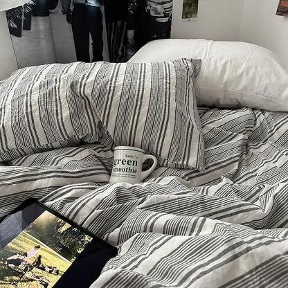 VM VOUGEMARKET Gray White Striped Comforter Set Twin XL Vintage Vertical Stripes Bedding Set Minimalist Neutral Comforter for Teens Dorm Room