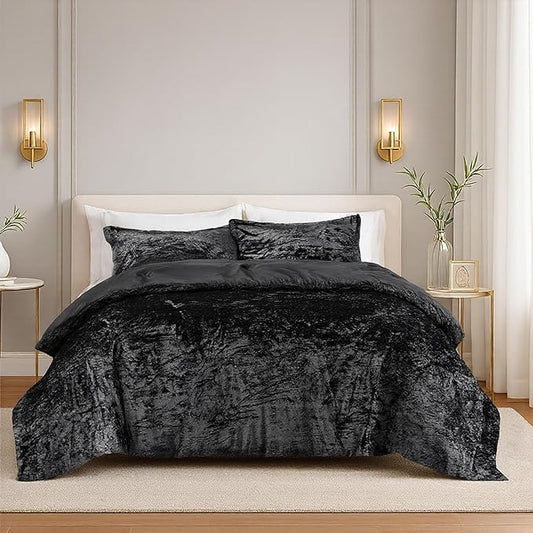Comfort Spaces Juliette Luxe Comforter Set Velvet Lush with Soft Brushed Microfiber Reverse, All Season Cozy Velvet Bedding Sets, Fluffy Comforter Bed Set, Matching Sham, Black Full/Queen 3 Piece