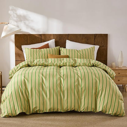 Merryword Striped Duvet Cover Set Queen Size - 100% Cotton Duvet Cover Set, Khaki & Green Stripes Pattern Comforter Cover 3 Pieces, Soft Linen Like Bedding Set for All Seasons