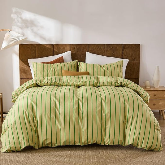 Merryword Striped Duvet Cover Set Queen Size - 100% Cotton Duvet Cover Set, Khaki & Green Stripes Pattern Comforter Cover 3 Pieces, Soft Linen Like Bedding Set for All Seasons