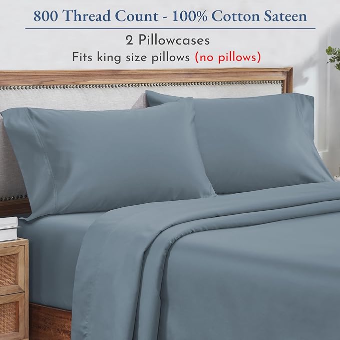Heirloom Soft, Smooth & Thick Certified 800 Thread Count 100% Cotton Sateen, 2 Pillow Cases King Size, Fits King Pillows (Blue)