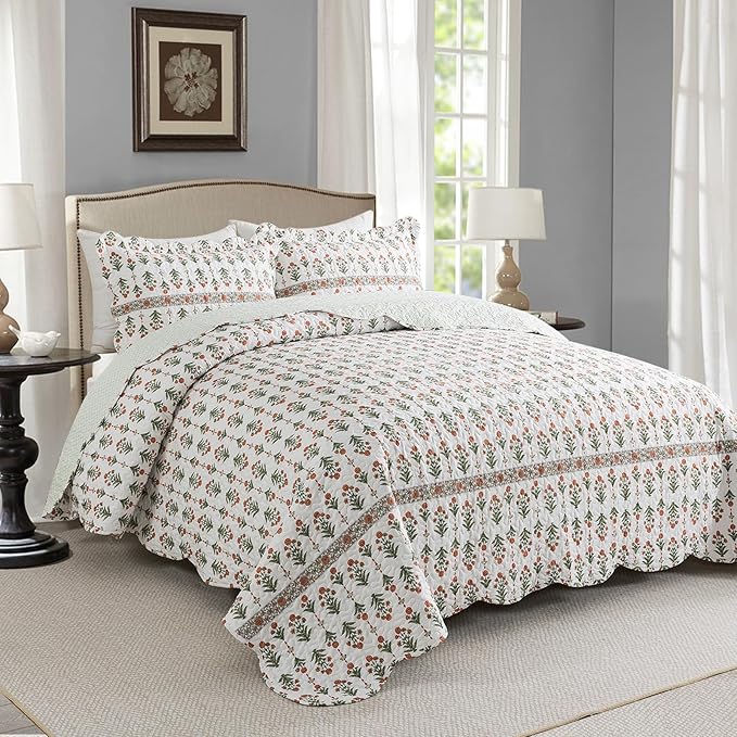 Travan 3-Piece Quilt Set Quilted Bedspread Lightweight Coverlet Set Garden Style Floral Printed Oversized Quilted Bedding Set for All Season, Orange Mirror, King Size