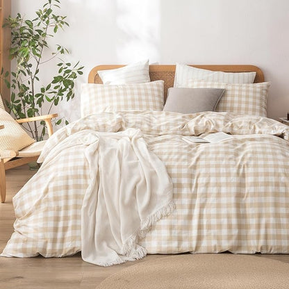 BESTOUCH Duvet Cover Set 100% Washed Cotton Linen Feel Super Soft Comfortable Chic Lightweight 3 PCs Home Bedding Set Almond Grey & White Grid King