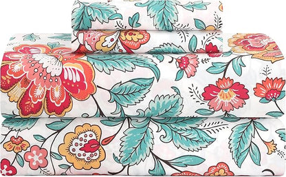 Feather & Stitch Softest 100% Cotton Sheets, 300 Thread Count Percale Weave Bedding, 16" Deep Pocket, Cooling Sheets, Breathable Bed Set, Hotel Premium Quality (Twin, Vintage Garden)