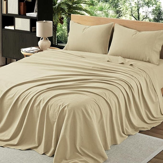 4Pcs Organic Linen Sheets Full Size, 100% French Linen from Normandy, Breathable Linen Yellow Full Sheet Set with 16 Inch Deep Pocket, 1 Flat Sheet, 1 Fitted Sheet, 2 Pillowcases